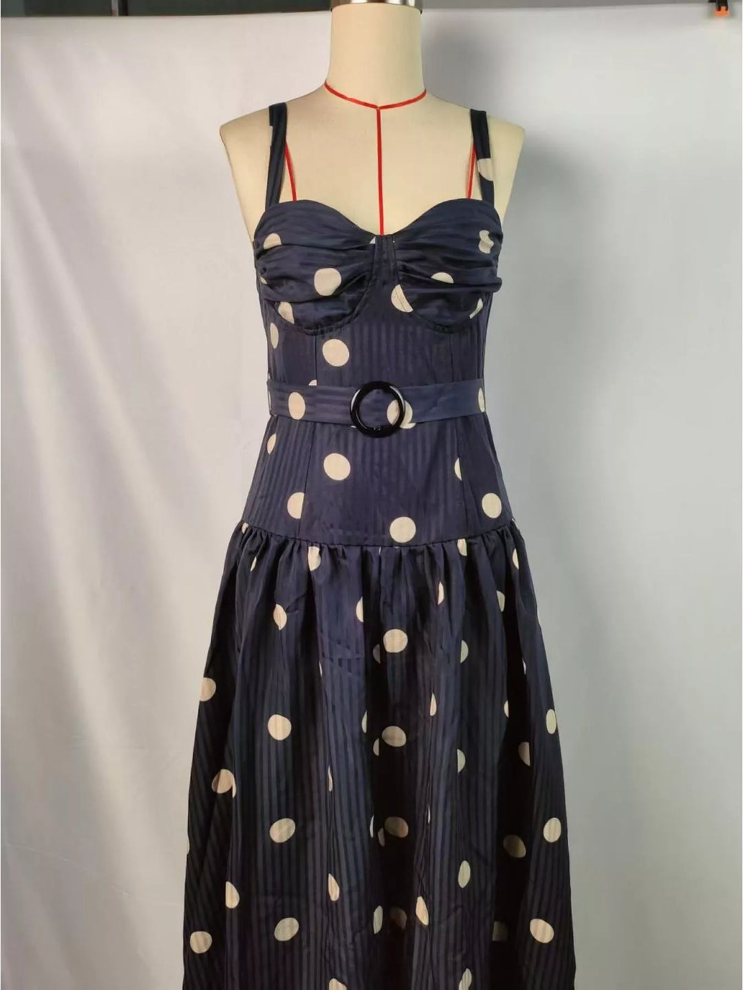 Polka dot sweetheart neck midi dress with belted waist