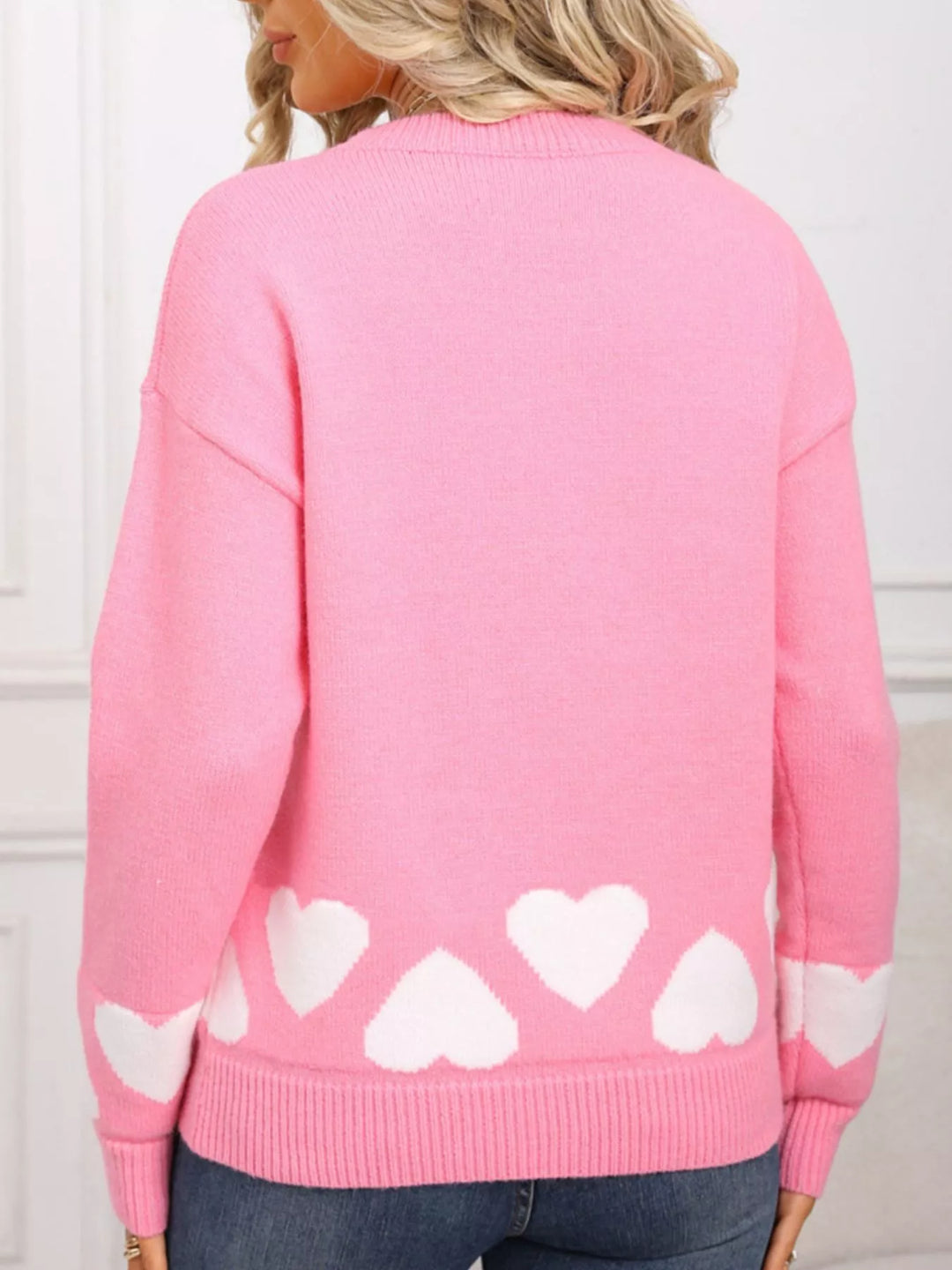 Heart pattern crew neck knit pullover sweater