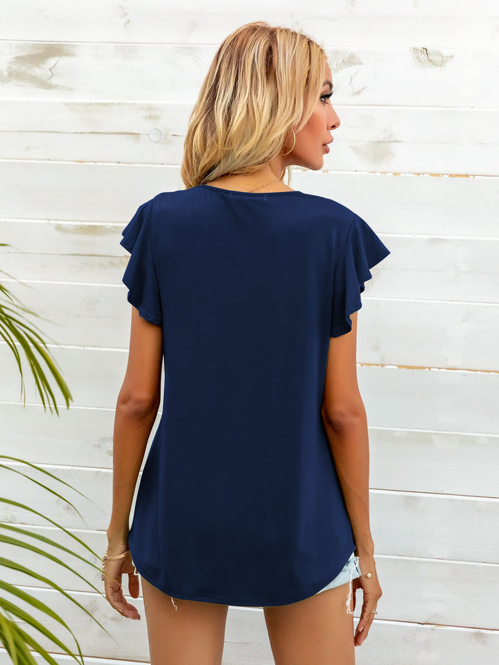 Ruffled butterfly cap sleeve round neck top