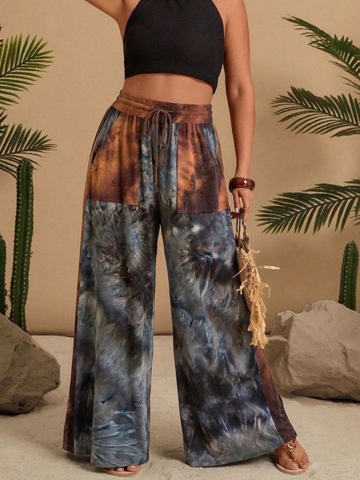 Multicolor Tie-dye wide-leg drawstring pants with side slit