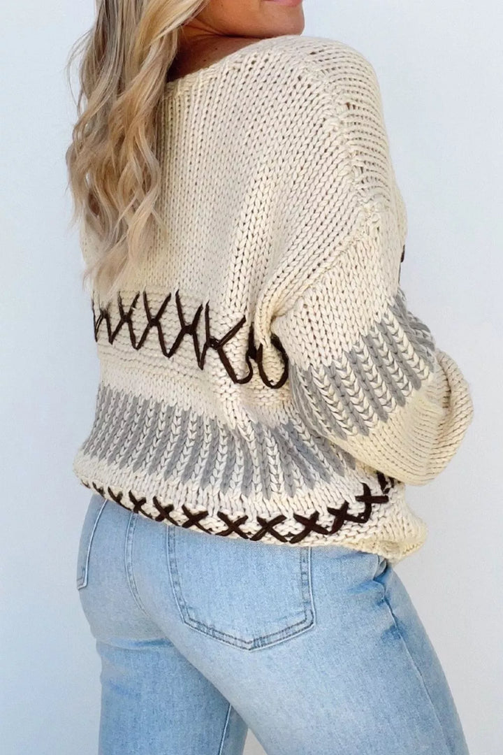 Cross-stitch trim V-neck chunky knit sweater