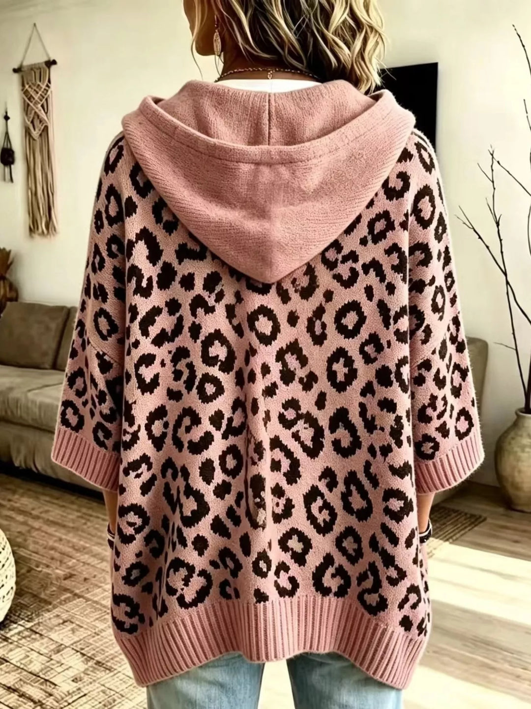 Leopard print drawstring hooded sweater with dolman sleeves