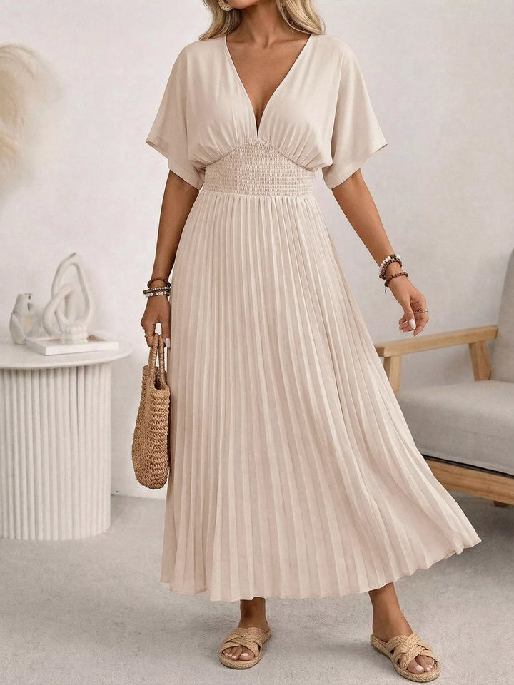 Apricot Pleated v-neck midi dress with smocked waistband