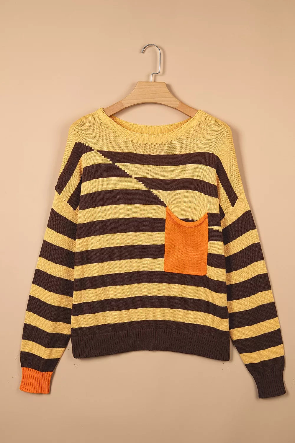 Striped drop shoulder pullover sweater with chest pocket