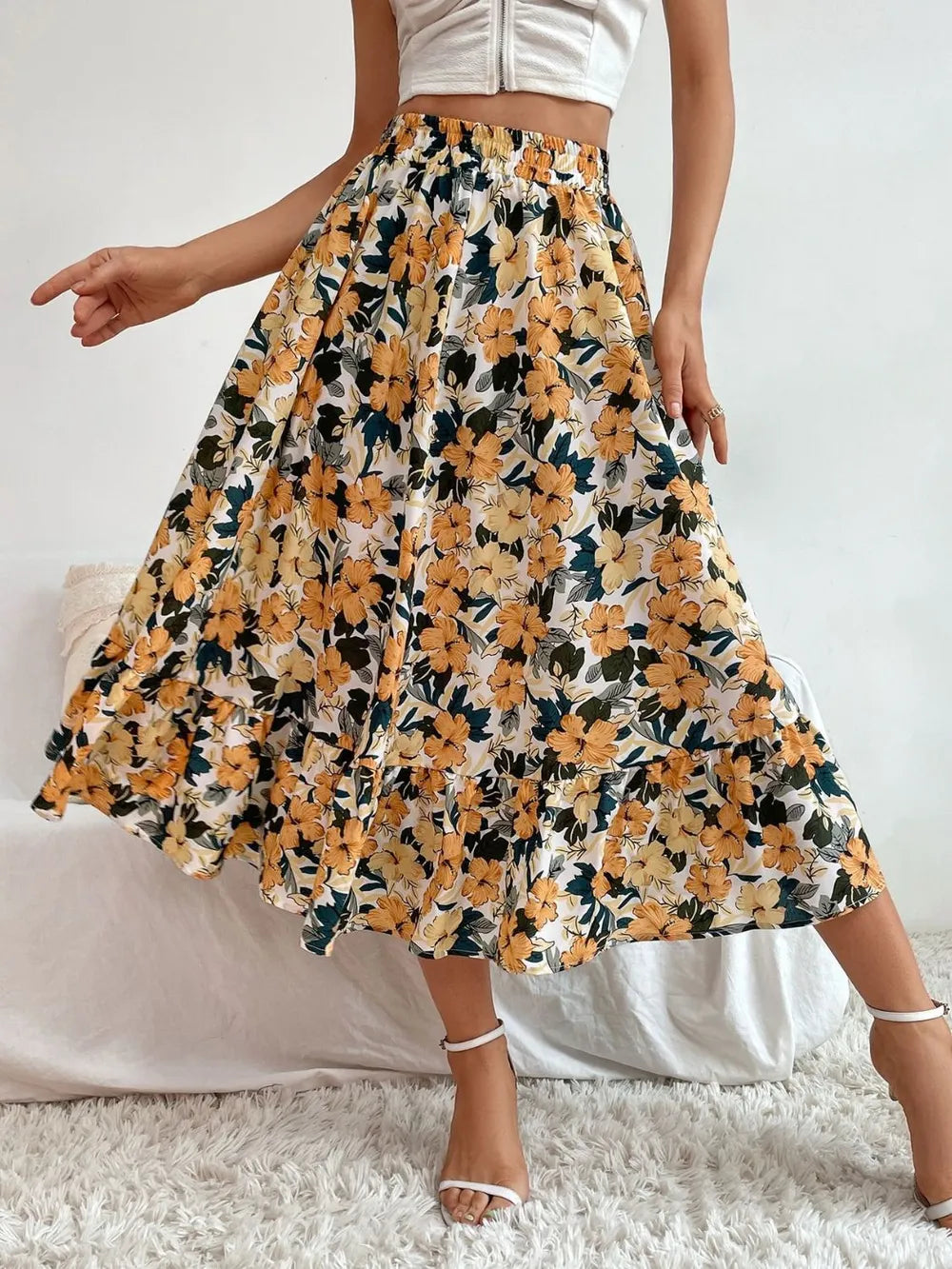 Pastel Yellow Flared ruffle-tier midi skirt with elastic waist