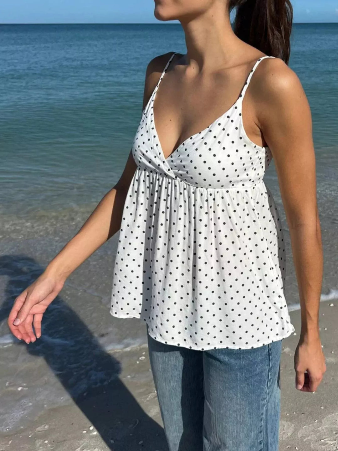 Polka dot v-neck babydoll cami with twist front