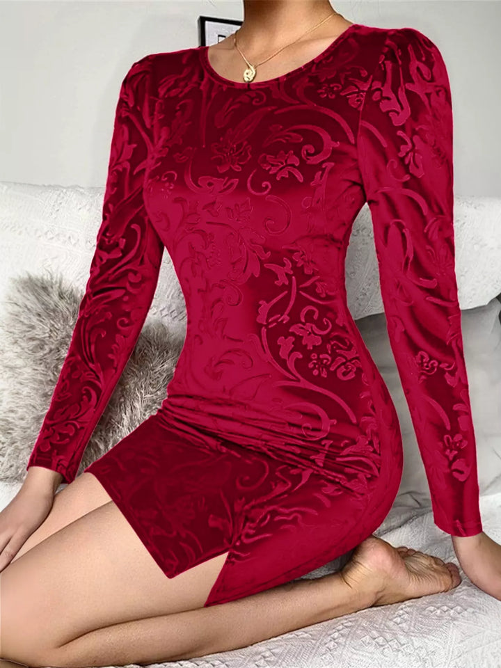Burnout velvet floral long sleeve bodycon mini dress