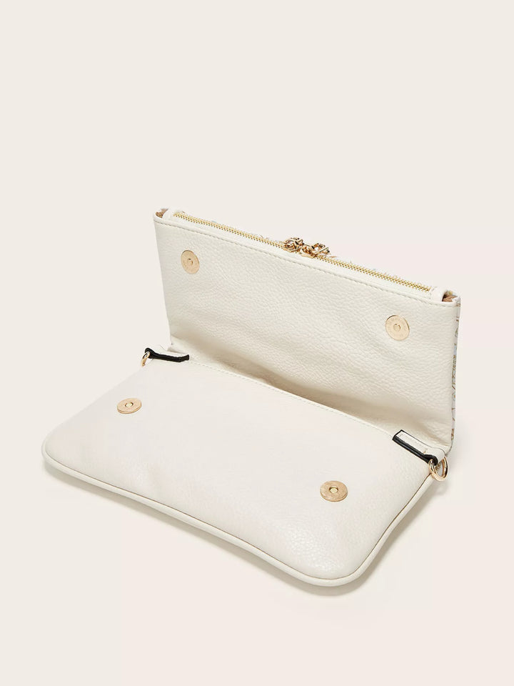 Floral bird print mini shoulder bag with woven chain strap