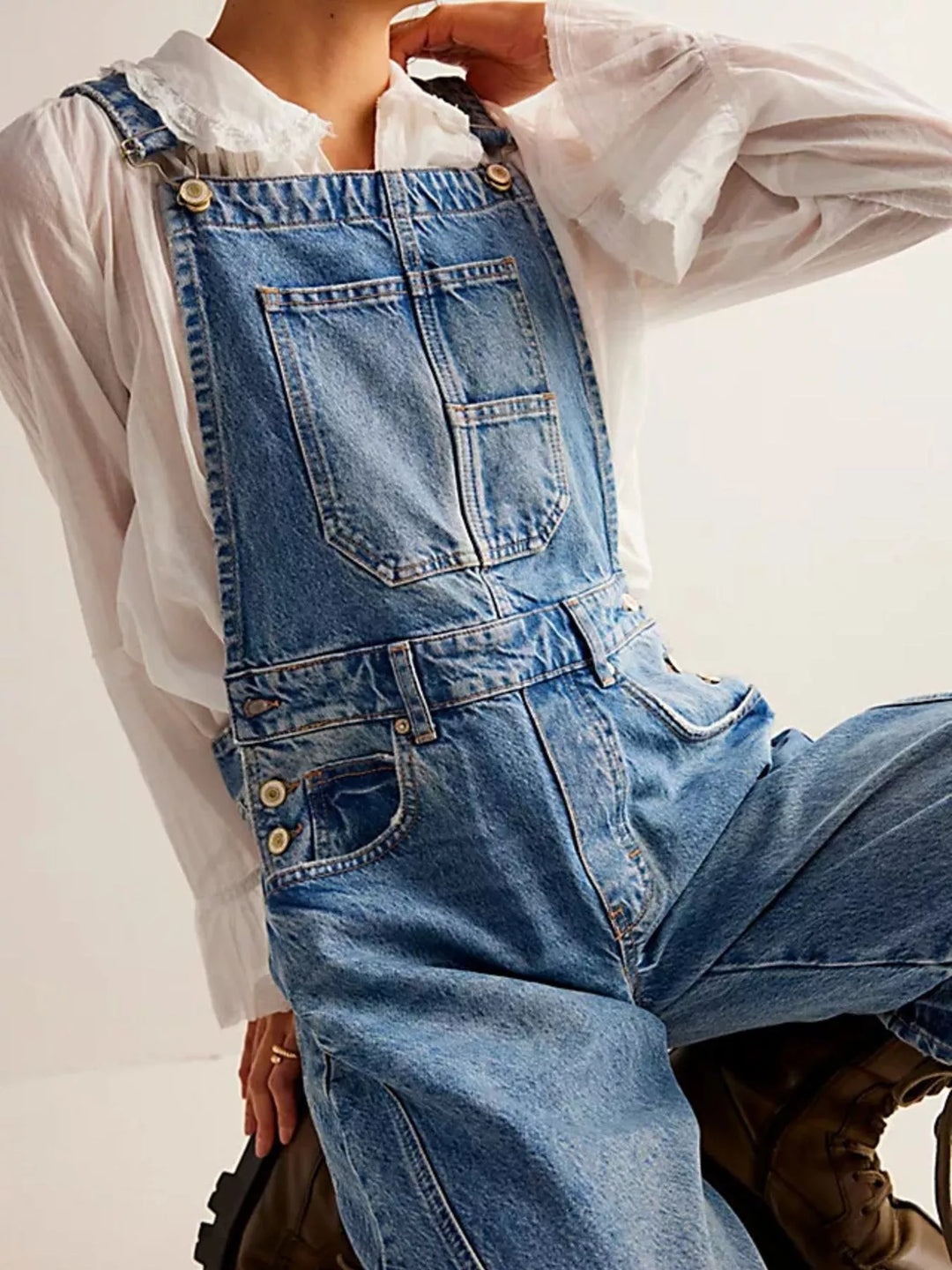 Wide-leg cotton denim overalls with adjustable straps