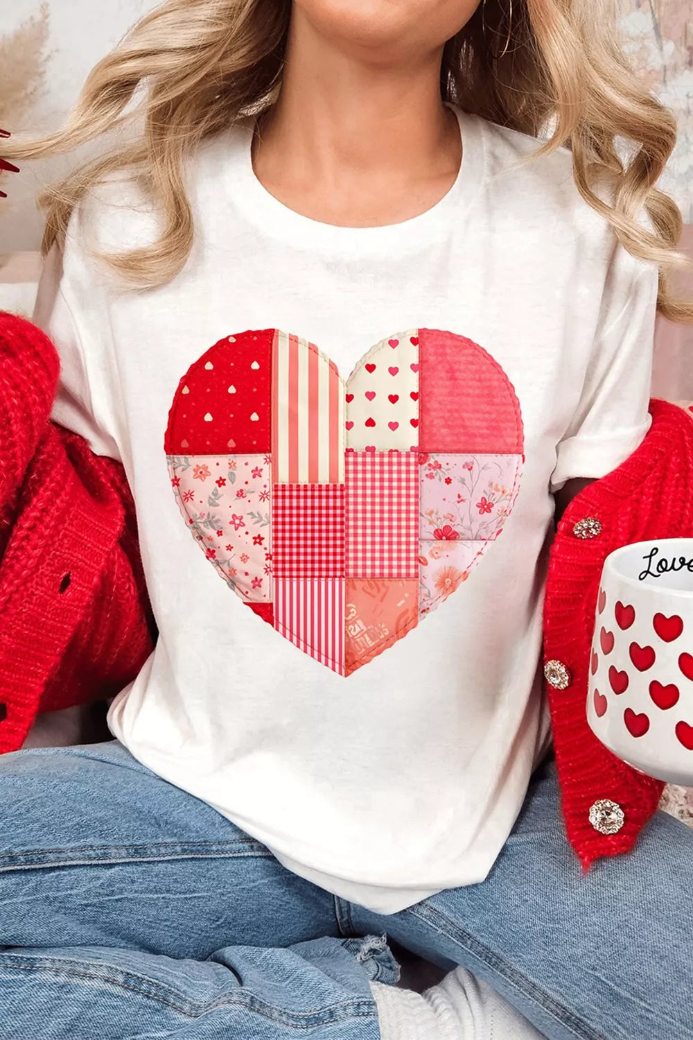 Patchwork heart graphic crew neck short sleeve tee