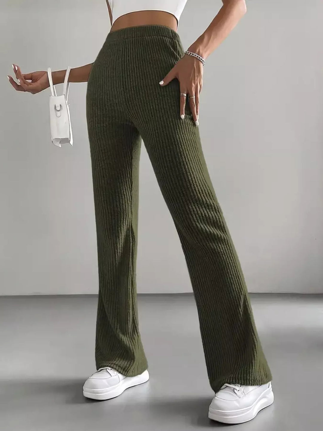 High-rise ribbed knit flare pants