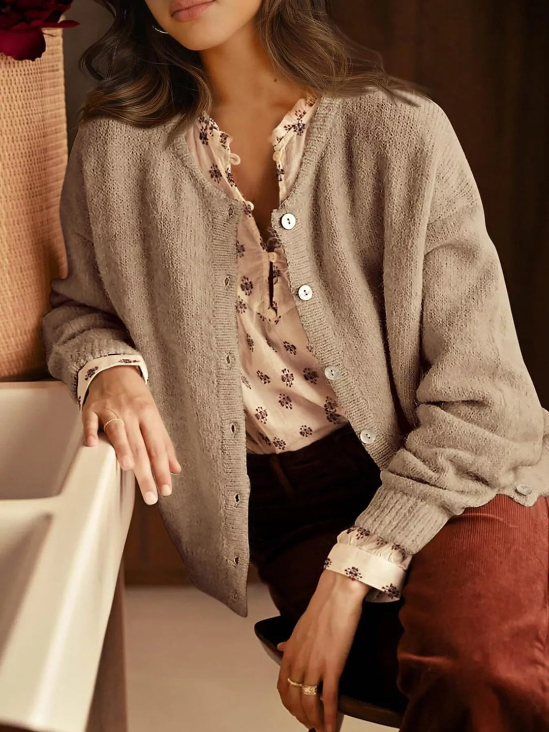 Button-front dropped shoulder knit cardigan