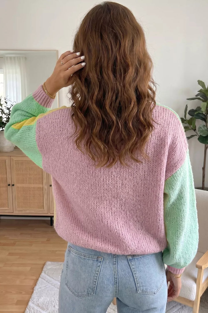 Colorblock drop-shoulder button-front knit cardigan