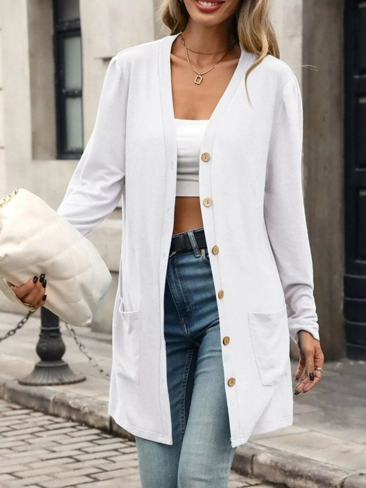 Longline V-neck button-front cardigan with patch pockets