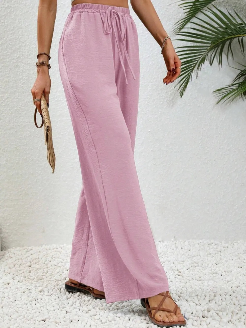 High-rise wide leg drawstring pants with pockets