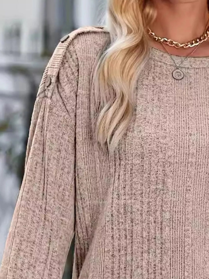 Ribbed knit boat neck top with shoulder buttons