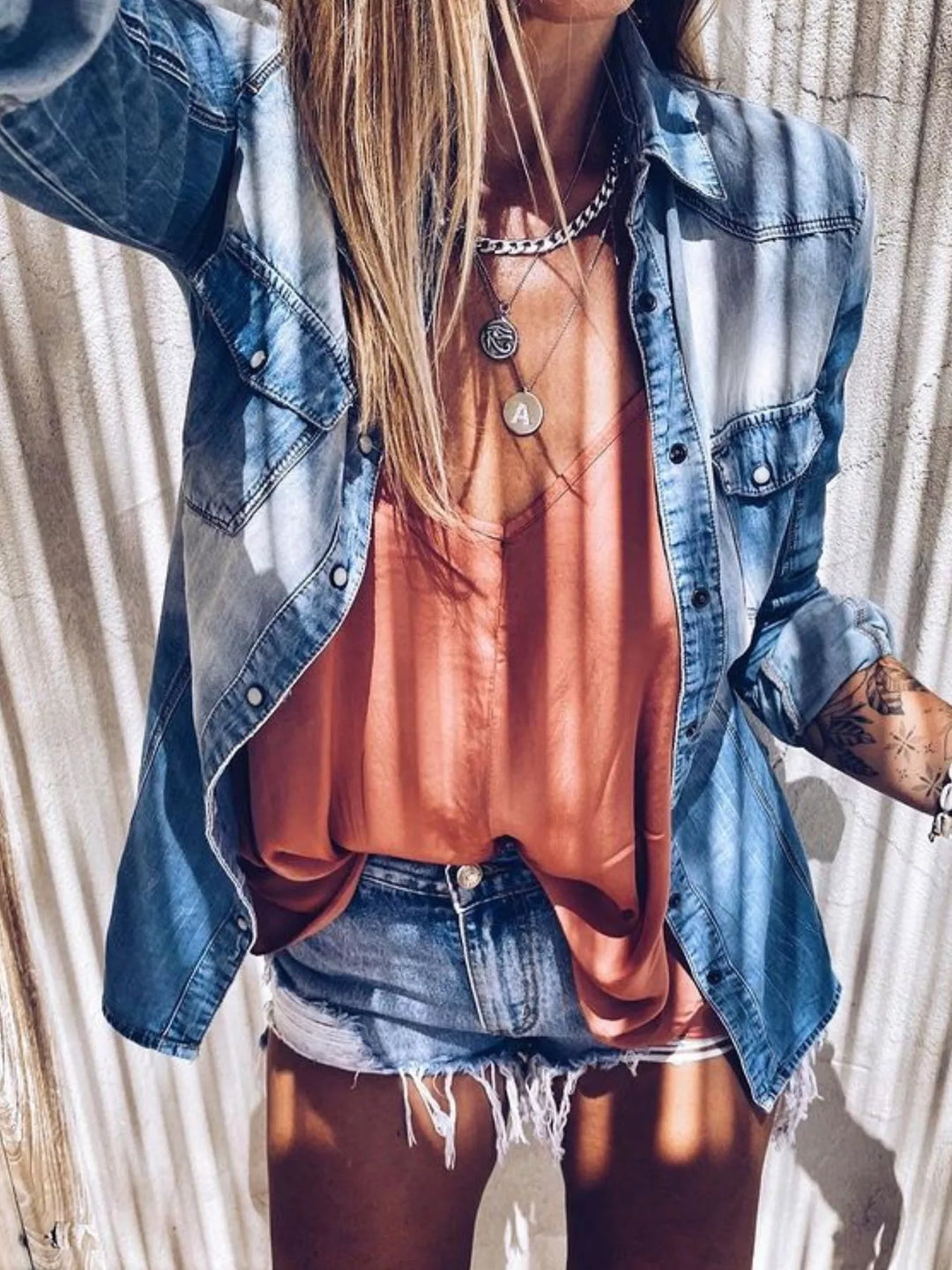 Vintage wash button-up denim shirt with chest pockets