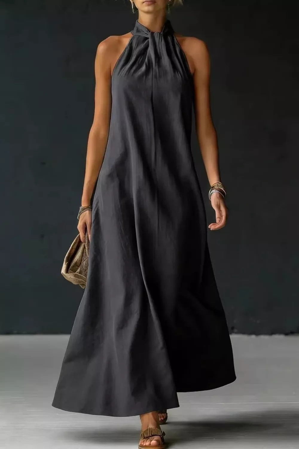 Black Halter neck sleeveless cotton maxi dress with slit