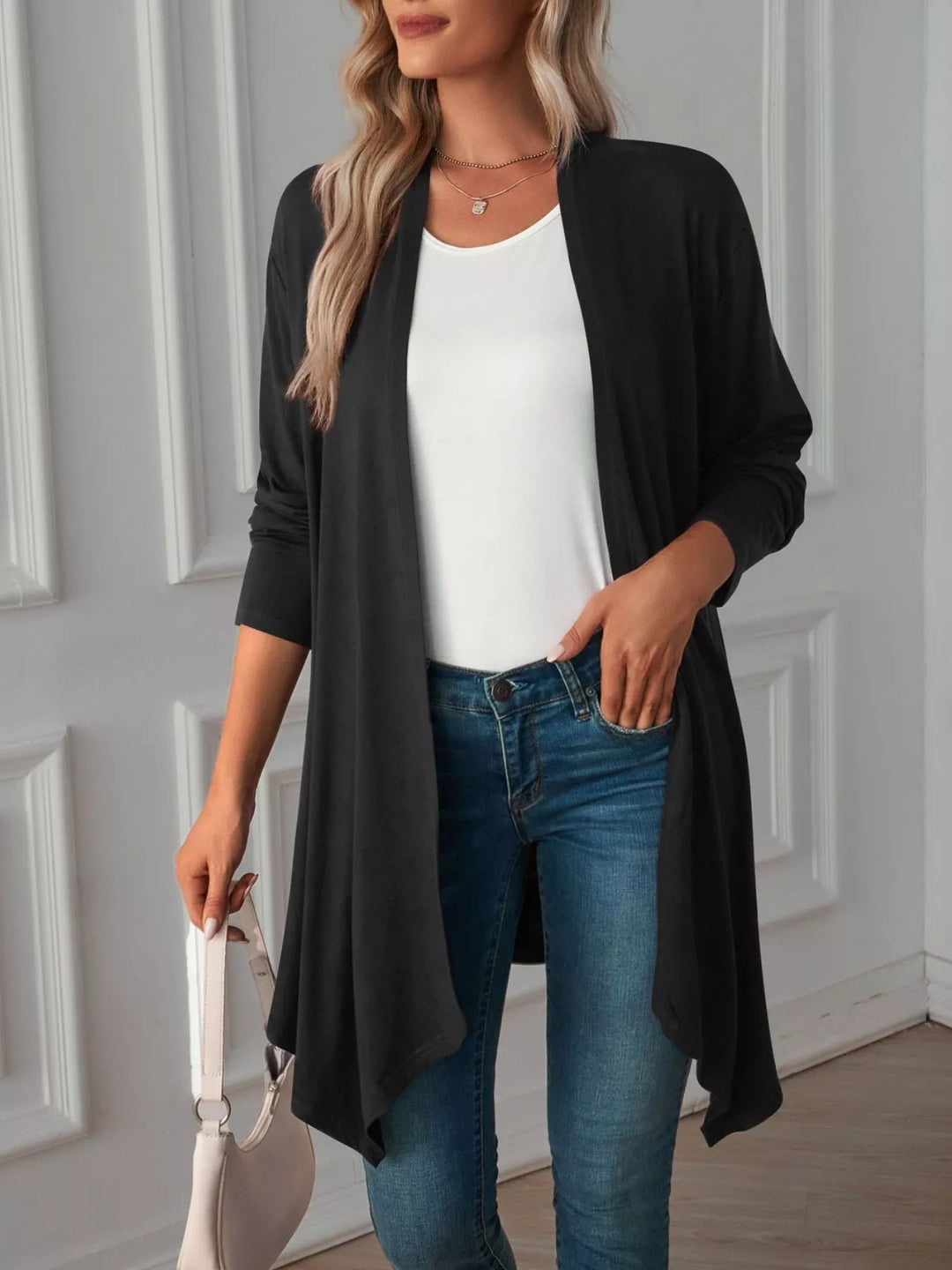 Lightweight open front cardigan with draped waterfall hem