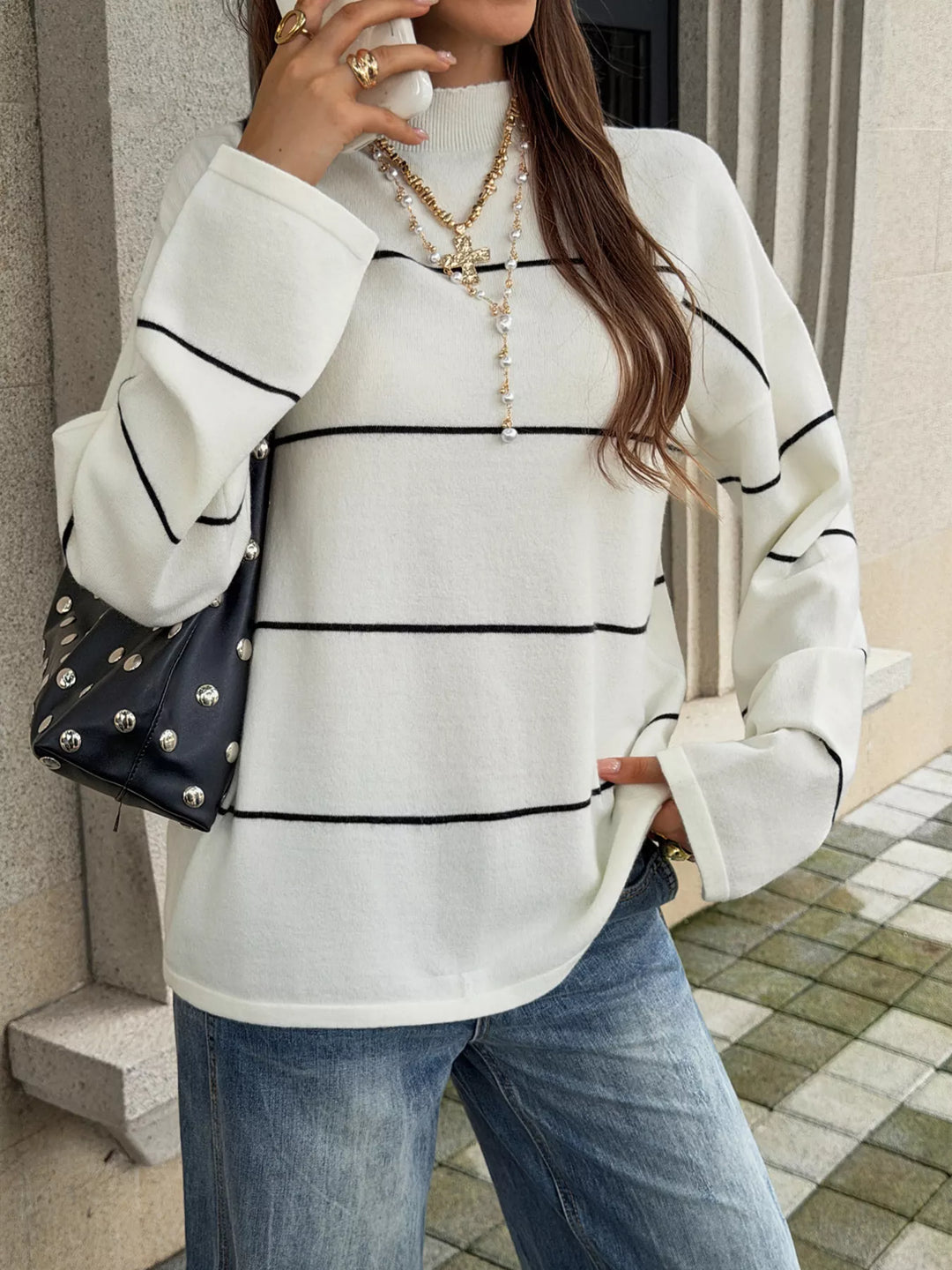 Striped mock neck sweater with drop shoulder sleeves