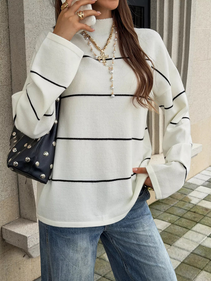 Striped mock neck sweater with drop shoulder sleeves