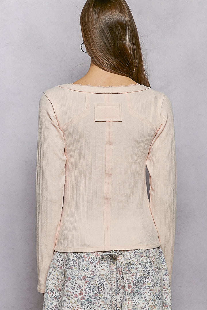 Ribbed V-neck long sleeve top with lace-trim neckband