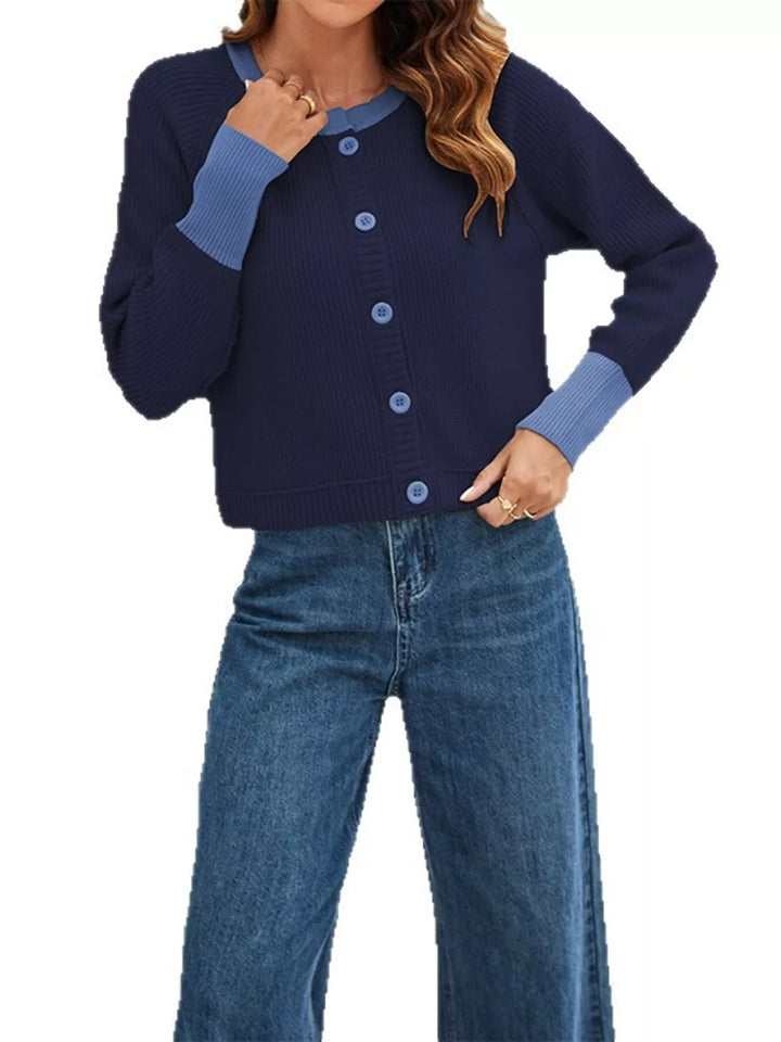 Ribbed knit cardigan with contrast trim and button front