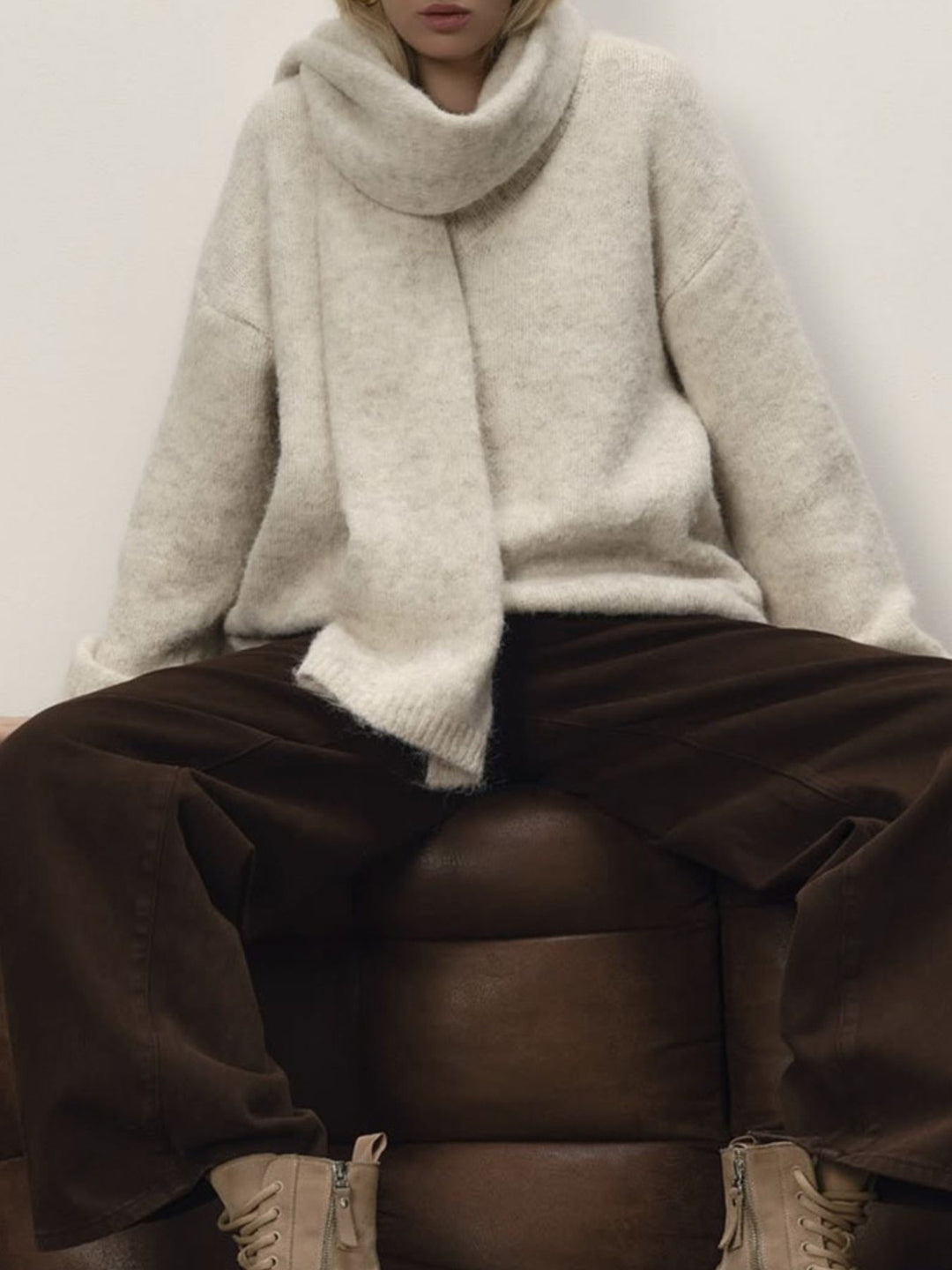 Khaki Oversized dropped-shoulder knit sweater with scarf
