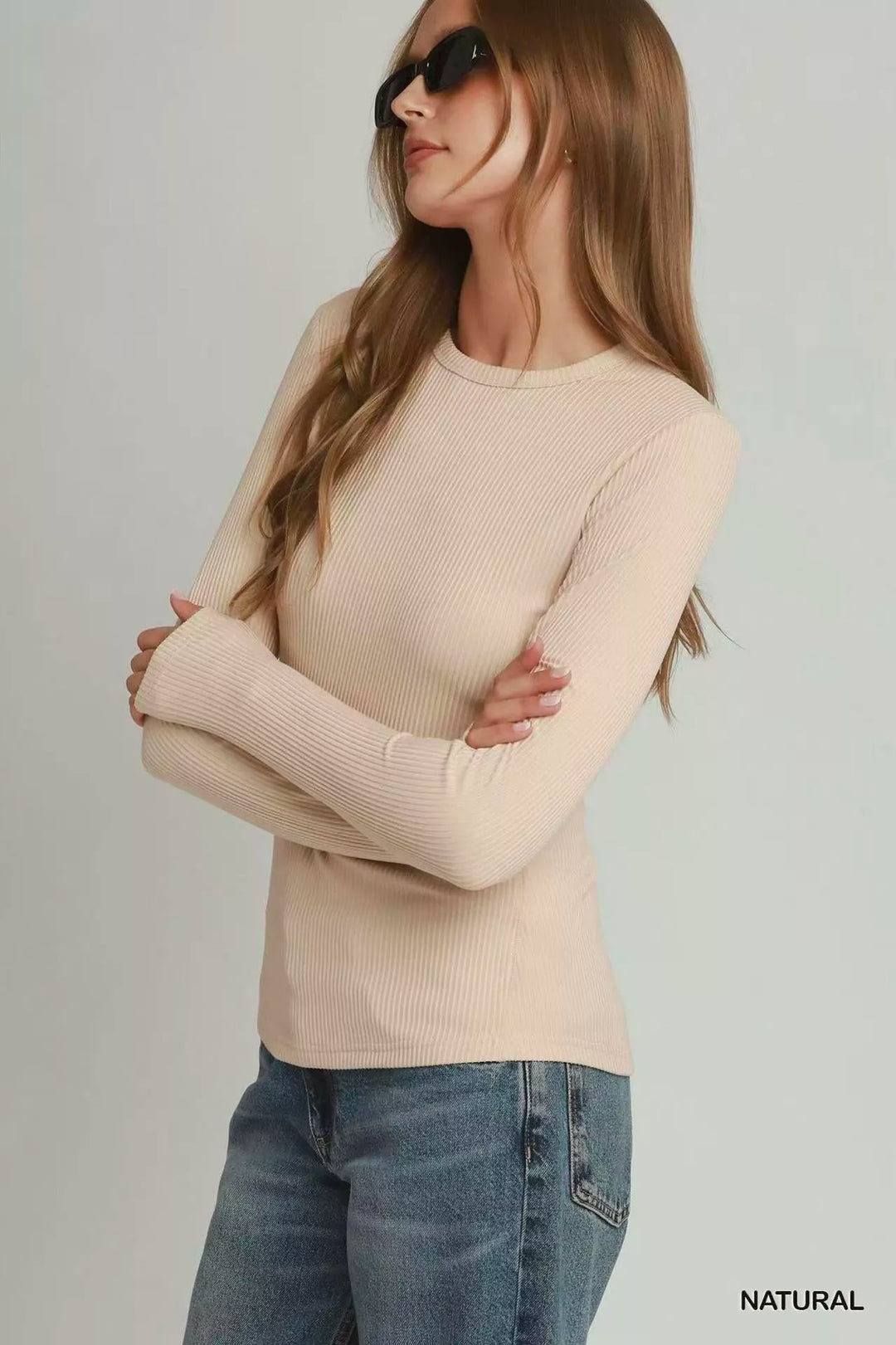 Brushed ribbed long sleeve crew neck top