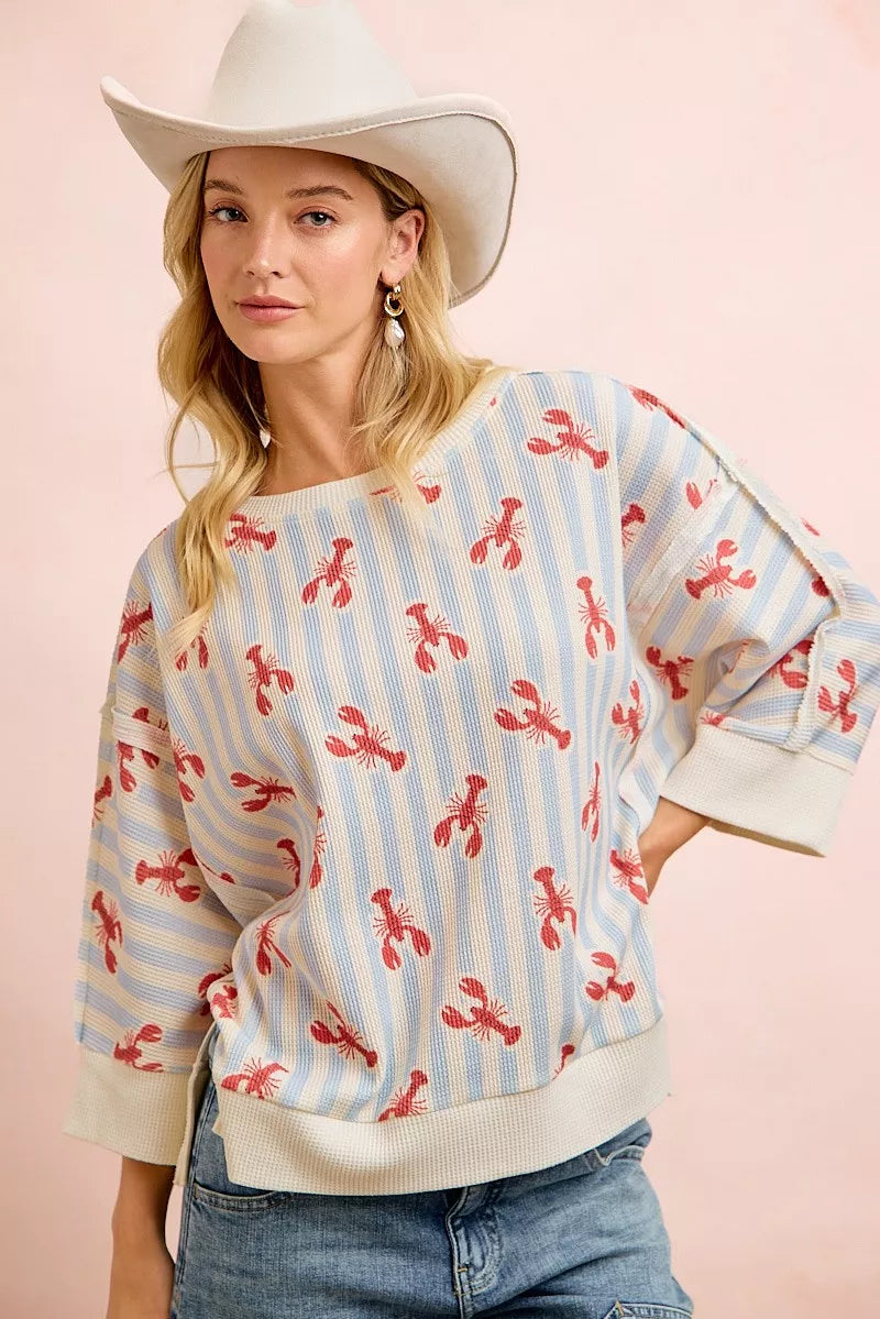Striped lobster print waffle knit boat neck top