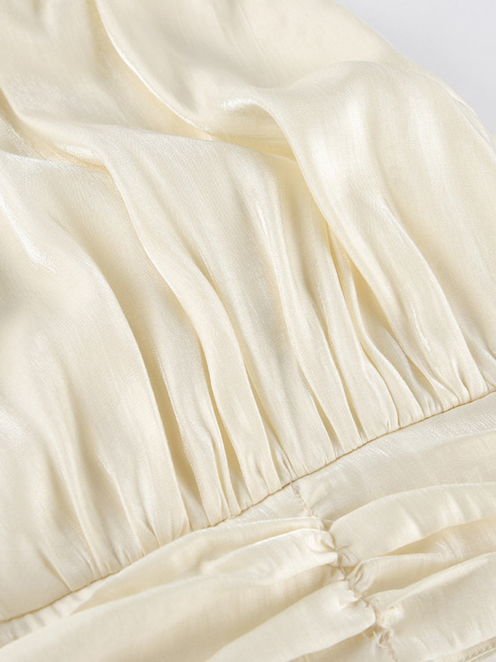 Ruched satin halter top with mock neck and gathered waist