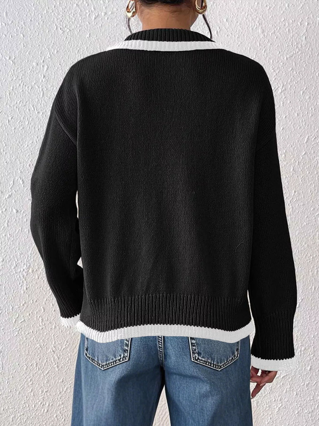 Contrast trim polo collar knit pullover sweater