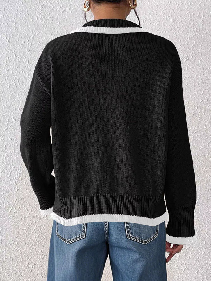 Contrast trim polo collar knit pullover sweater