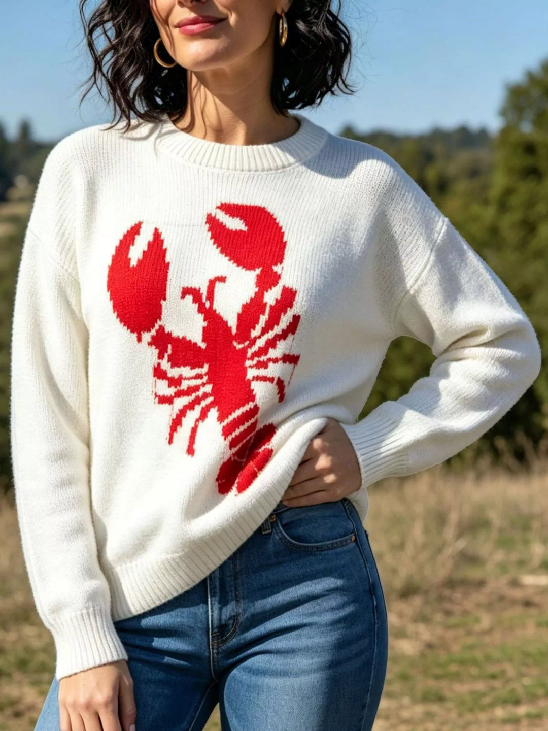 Lobster intarsia knit crew neck sweater with ribbed trim