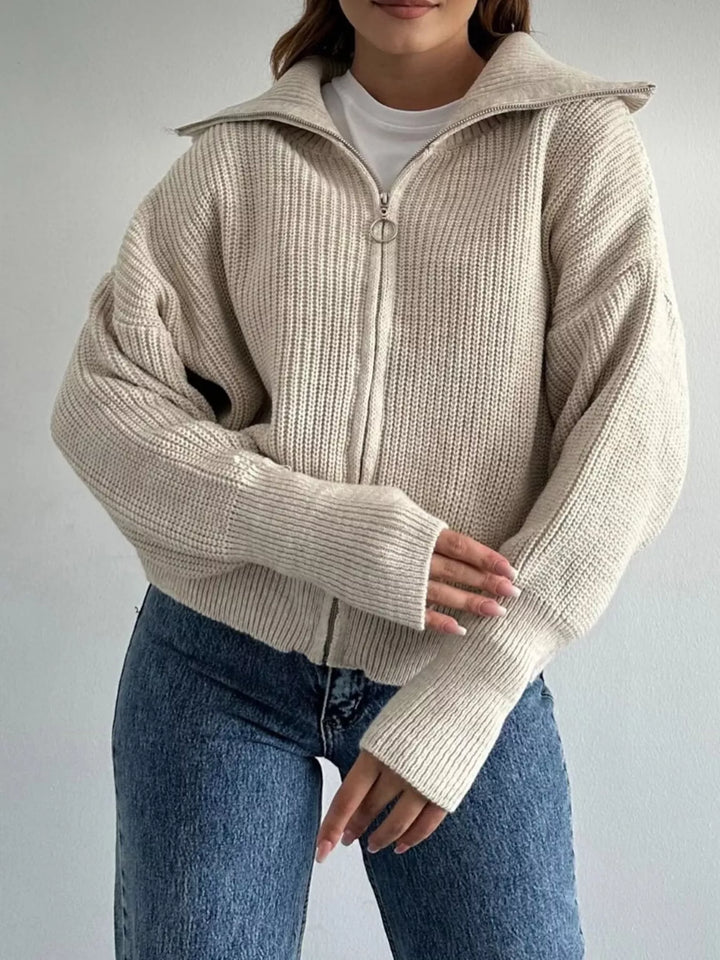 Chunky two-way zip sweater jacket with foldover collar