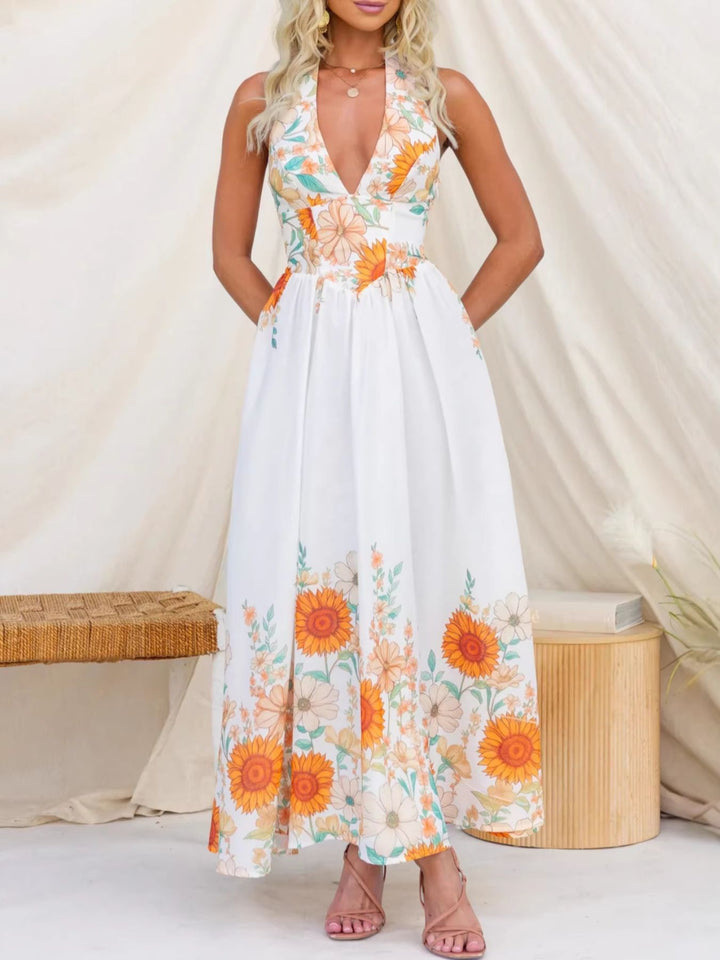 Sunflower print halter maxi dress with plunge neckline