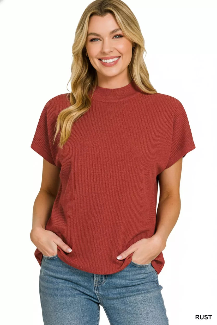 Ribbed mock neck short sleeve boxy sweater