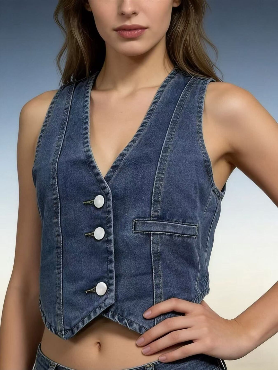 Cropped denim button-down vest with V-neckline