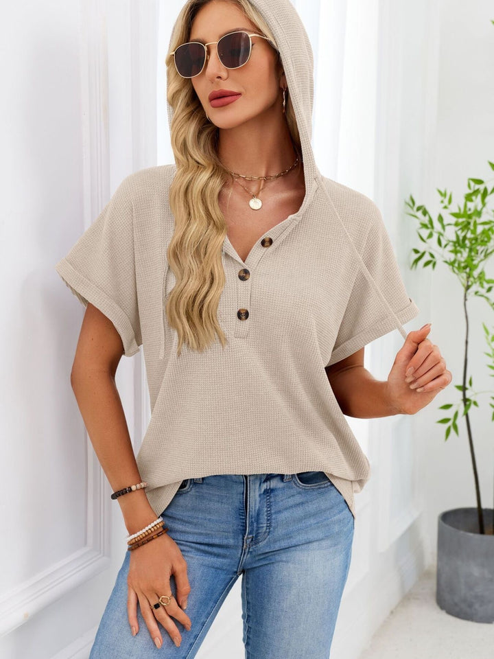 Waffle knit short-sleeve hoodie with button placket