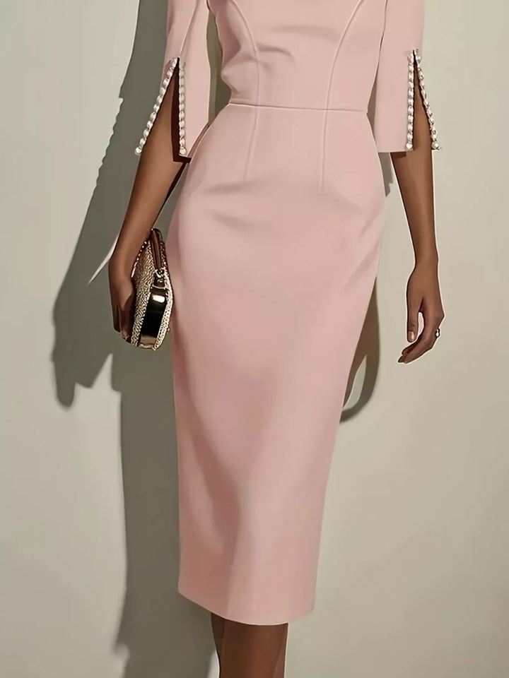 Pearl-trim split-sleeve sheath midi dress
