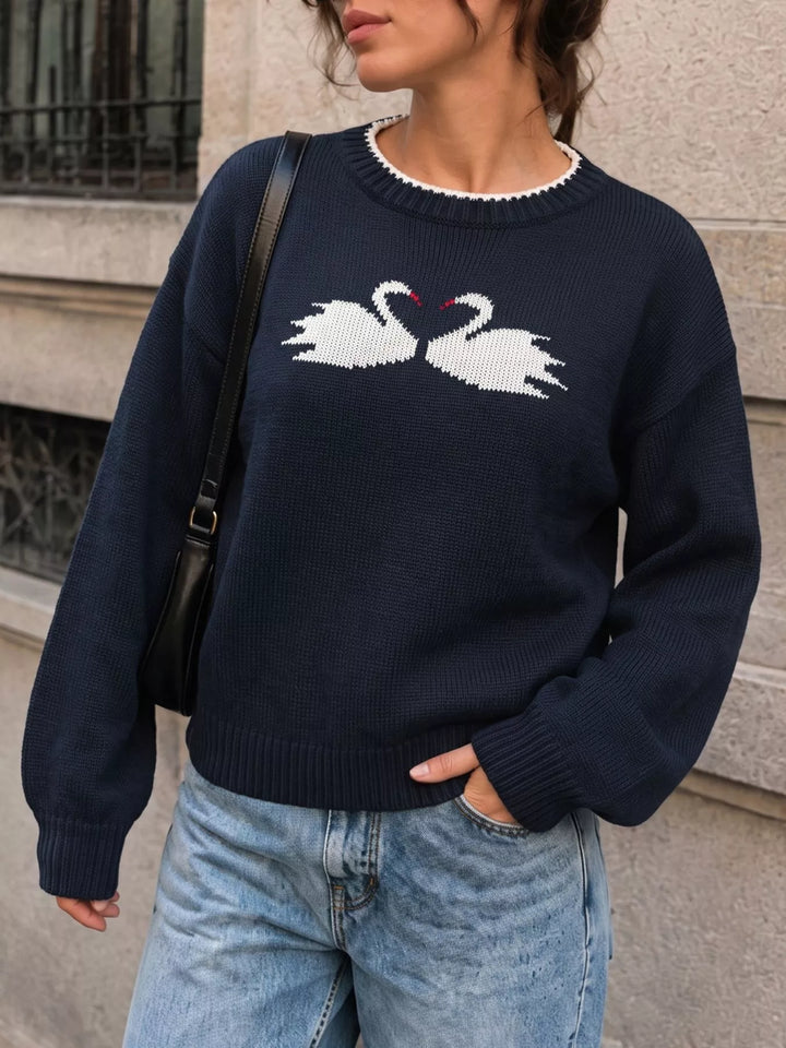 Navy Swan intarsia drop-shoulder knit sweater with contrast trim