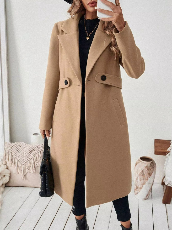 Notch lapel open-front longline coat with side pockets