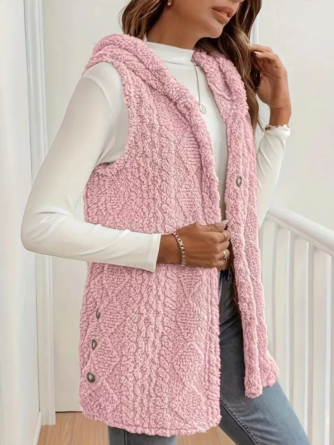 Textured sherpa hooded vest with button front