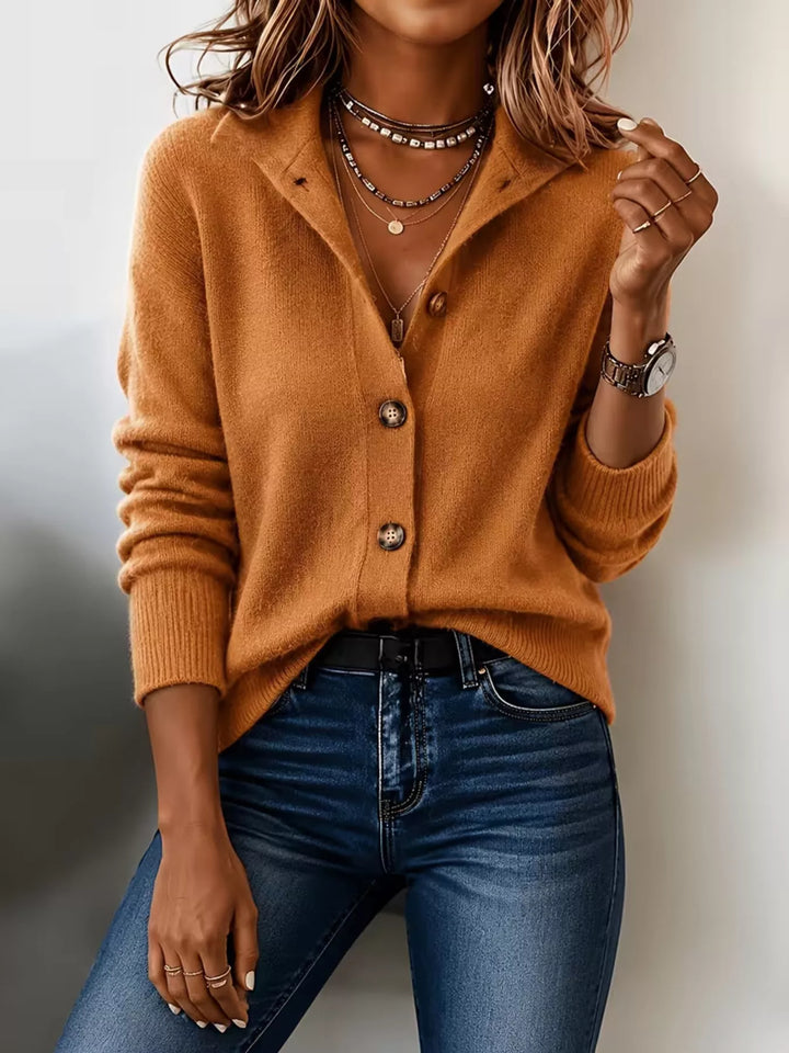 Collared button-front knit cardigan with ribbed cuffs