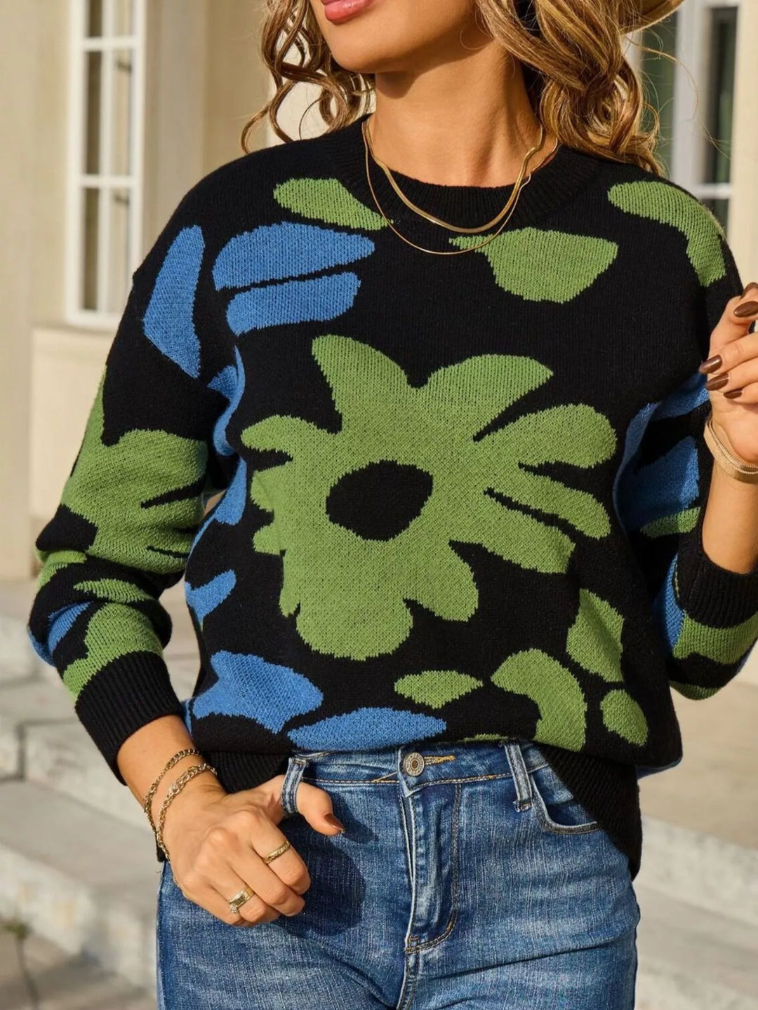 Retro floral knit crew neck pullover sweater