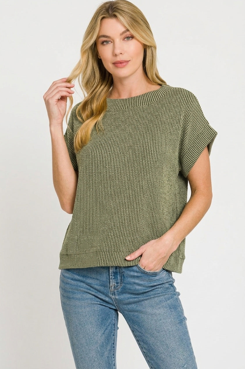 Raised rib knit cap sleeve top with rolled cuffs