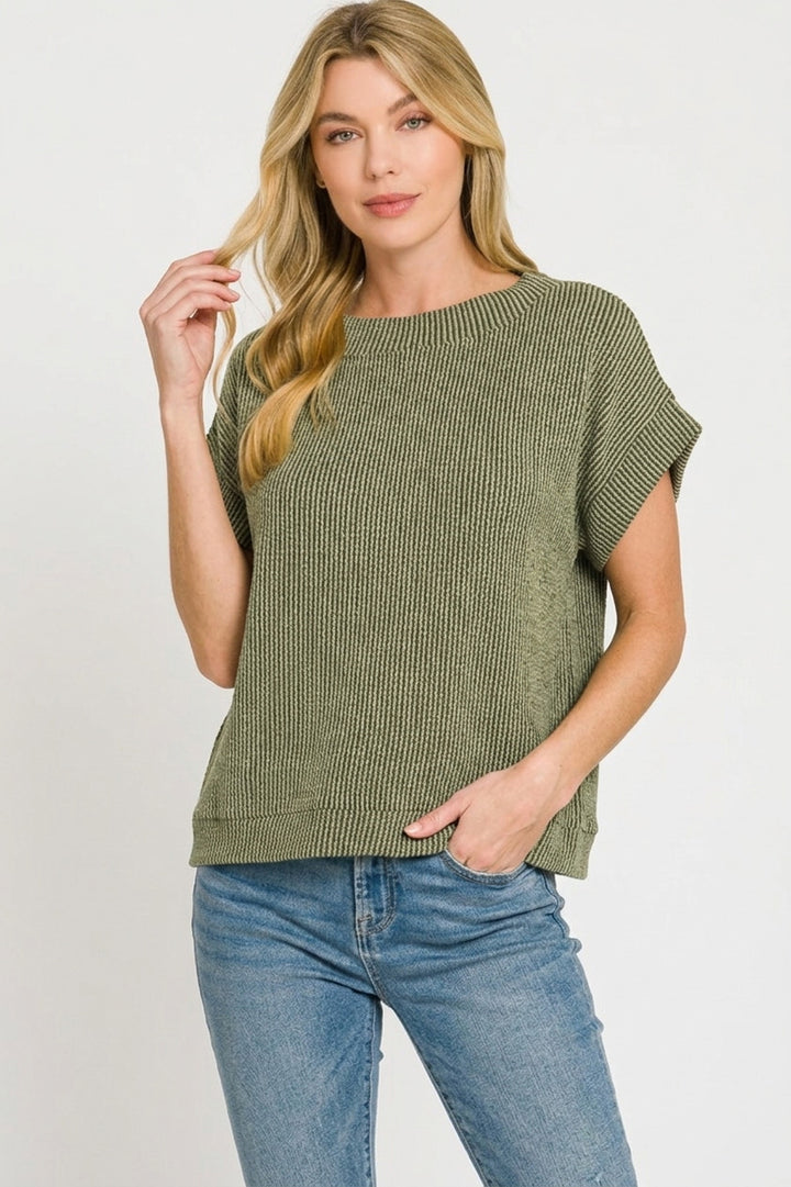 Raised rib knit cap sleeve top with rolled cuffs