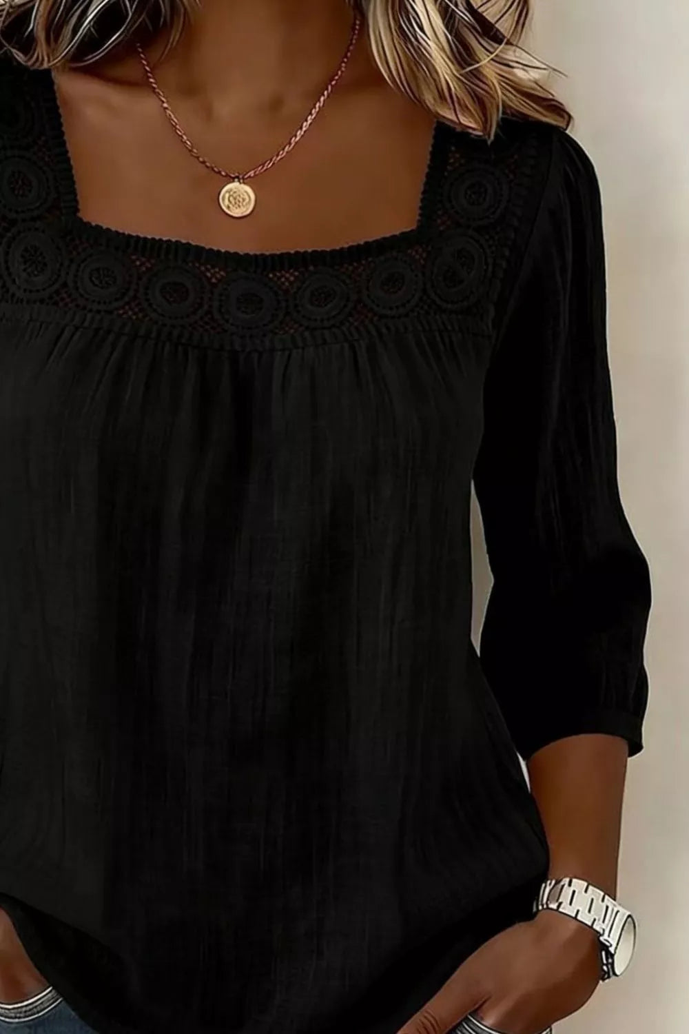 Crochet trim square neck blouse with 3/4 sleeves