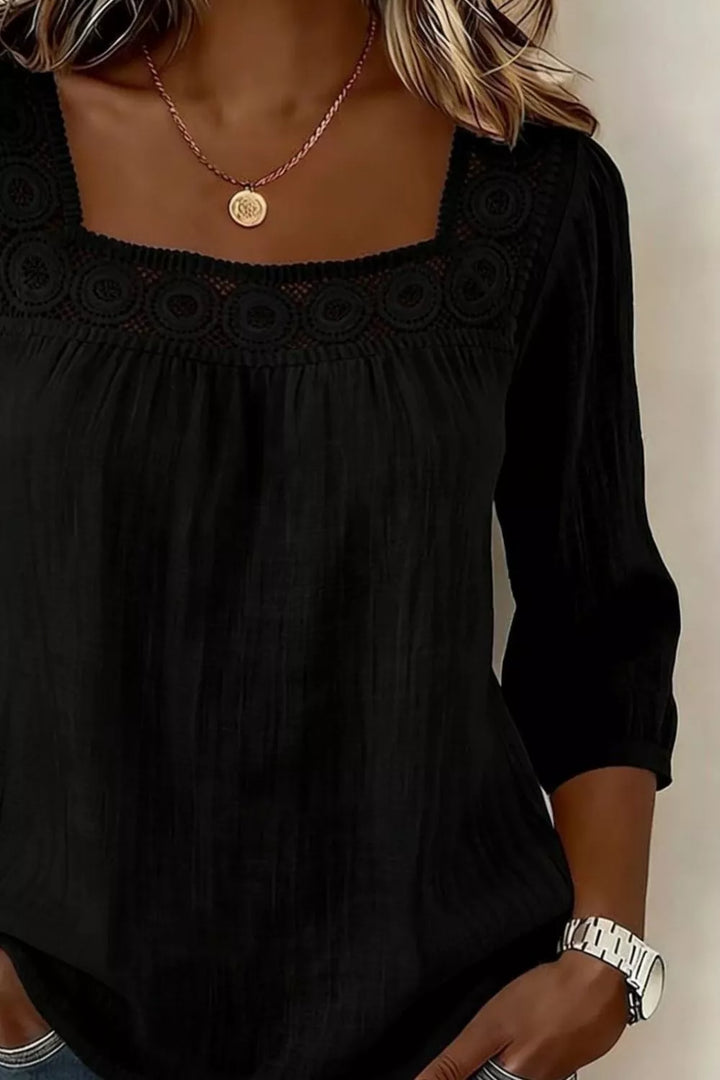 Crochet trim square neck blouse with 3/4 sleeves