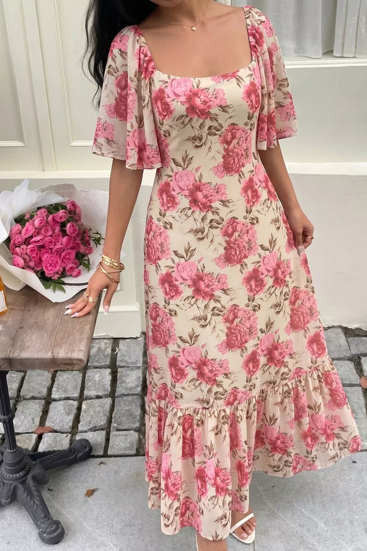 Floral print flutter sleeve square neck midi dress